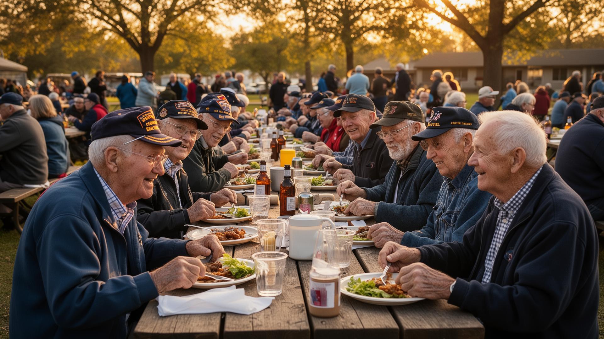 Older veterans sharing a meal at an outdoor gathering