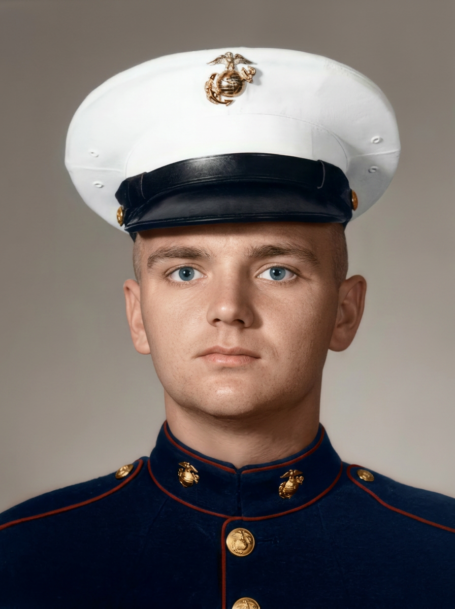 Restored portrait of a young U.S. Marine in dress blues